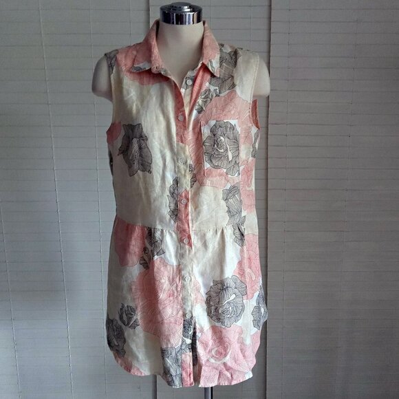 Joan Vass Sleeveless Linen Tunic - Coral and Charcoal - Picture 2 of 16